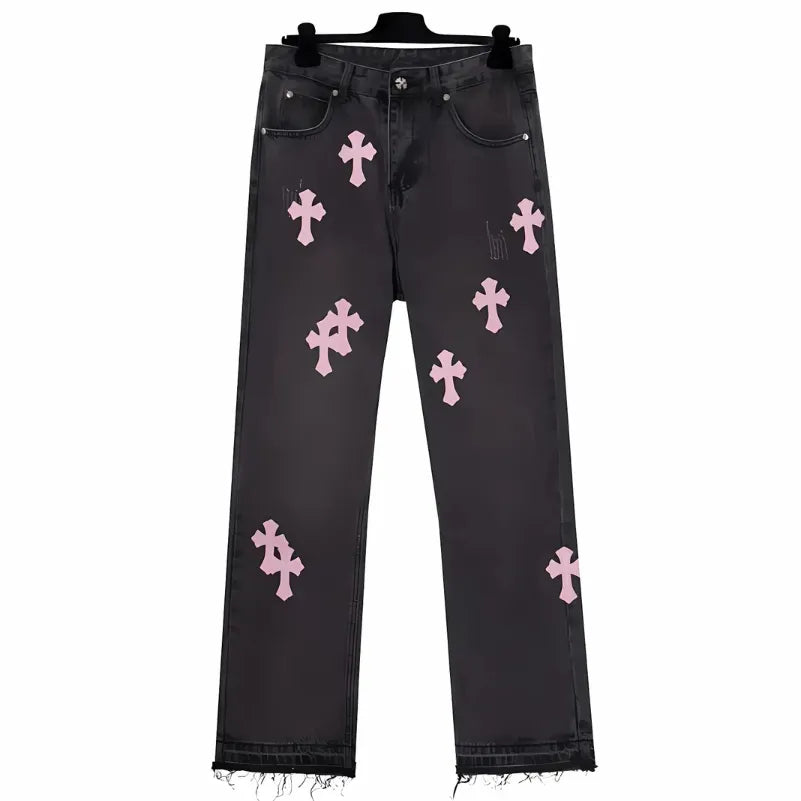 Chrome Hearts Black Jeans Pink Crosses дънки