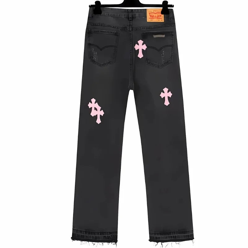 Chrome Hearts Black Jeans Pink Crosses дънки